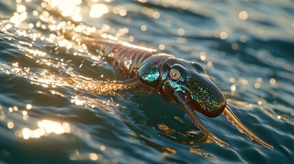 A squid swims in the ocean at sunset, its iridescent skin catching the light.