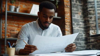 African American man reviewing blueprints, wearing blue shirt.