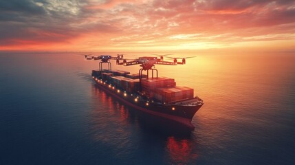 Autonomous AI-controlled freight drones optimizing international shipping: Large drones autonomously transporting goods across seas and international borders for logistics companies.