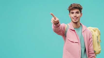 Sticker - A young man with a backpack and a pink jacket smiles and points to the right.