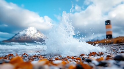 Stunning image of crashing ocean waves on a rocky beach with a distant view of a striped lighthouse and a snow-capped mountain surrounded by dynamic and vivid natural elements.