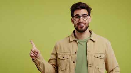 Wall Mural - A man in a beige jacket and green t-shirt smiles at the camera while pointing upwards with his index finger.