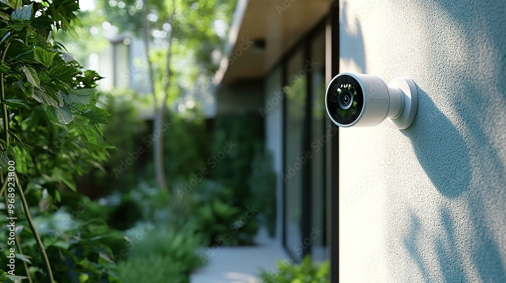 Outdoor security camera installed on modern house exterior with plants ...