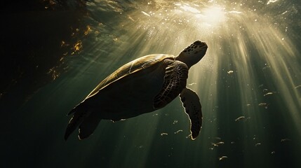 Wall Mural - A sea turtle swims through the ocean with sunlight rays piercing the water above.