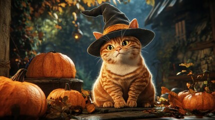 Wall Mural - A cat wearing a witch's hat sits among pumpkins