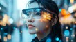 © DarkinStudio - AI-enhanced smart glasses providing live information overlays in real-world scenarios: A person walking through a city, with AR glasses displaying important information.