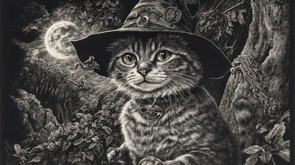 Canvas Print - A black and white drawing of a cat wearing a witch's hat