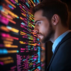 Wall Mural - focused developer analyzing code cybersecurity and data protection in software development