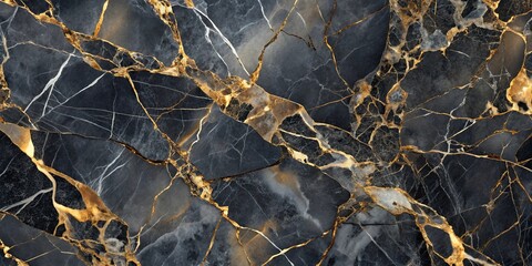 Wall Mural - Dark marble stone background tiles with gold and silver accents