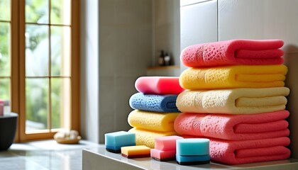 Vibrant arrangement of sponges and towels in a tidy bathroom, embodying a fresh and organized atmosphere