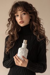 Poster - A woman in a black sweater holding a bottle of perfume