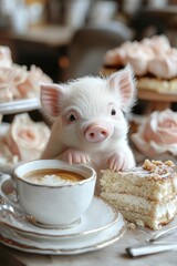 Poster - A small pig sitting on top of a plate next to a cup of coffee