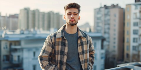 Wall Mural - A man wearing a plaid jacket and a black shirt stands on a rooftop in front of a city skyline