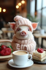 Poster - A small pig in a sweater sitting at a table with a cup of coffee