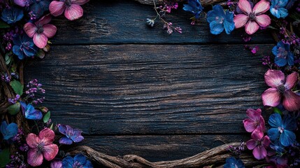 summer vibes dark rustic wood backdrop with roots curving around the wood. deep purple, pink, and blue flowers blooming, thick on the edges.