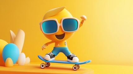 Sticker - A 3D cartoon character skateboarding.