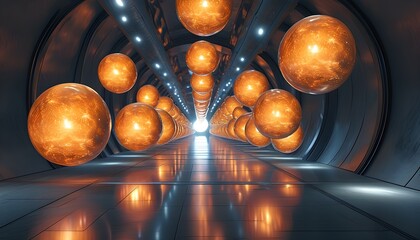 Futuristic tunnel adorned with illuminated spheres creating a warm glow on sleek reflective flooring in a captivating symmetrical design