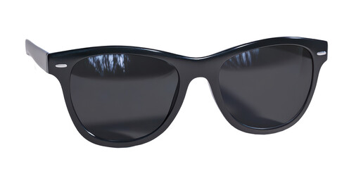 Classic black sunglasses with dark lenses on transparent background