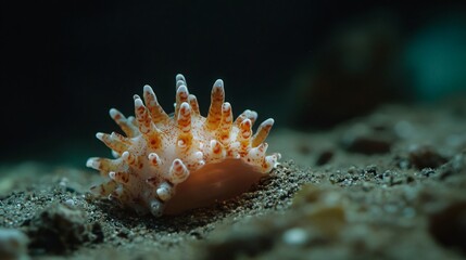 Wall Mural - A small, spiky, orange and white seashell rests on a bed of sand with a dark background.