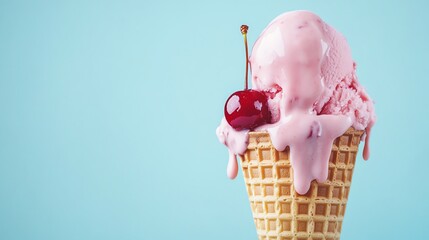 Wall Mural - A melting ice cream cone with a cherry on top against a light blue background.