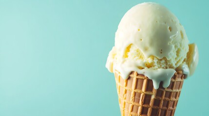 Wall Mural - A melting ice cream cone with vanilla ice cream on a light blue background.