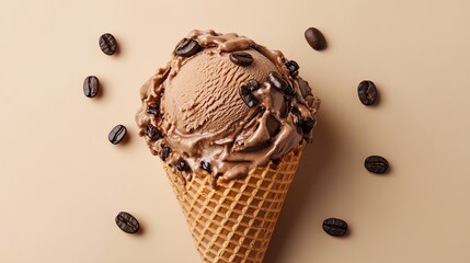 Sticker - A scoop of coffee ice cream in a waffle cone with coffee beans on a beige background.