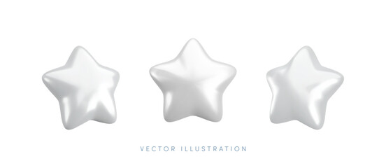 Wall Mural - vector 3d white star icons set. cute realistic cartoon 3d render, glossy metallic silver star front 