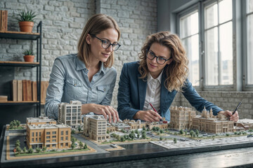 Portrait of two happy Caucasian women engineers architect are working on a model of an urban area in a creative architectural bureau in office. Concept of urban architecture design