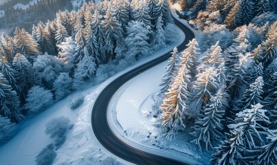 Wall Mural - Aerial view of a winding road through snow covered trees, Gaisberg, Salzburg, Austria