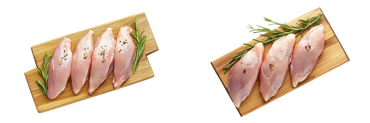 Wall Mural - Three raw chicken fillets on a wooden board, isolated on a white background