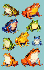 Wall Mural - Different frogs in shape, size and color next to each other in an illustrative style 