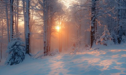 Wall Mural - Snow and fog in forest at sunrise