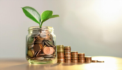 A jar filled with coins and a plant growing out of it