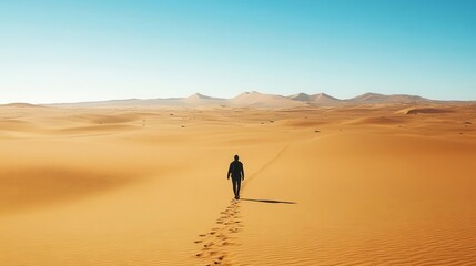 a lone traveler walking across an endless desert, the vast expanse of sand stretching to the horizon