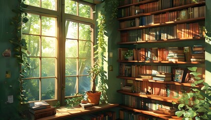 Wall Mural - Serene sunlit reading nook surrounded by lush greenery and filled books, creating a cozy escape for relaxation and tranquility.