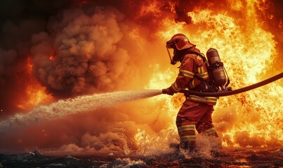 A firemen using fire hose to extinguish a fire