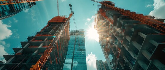 Low-angle view of modern skyscrapers under construction with cranes against a bright sky, capturing urban development and architectural progress.