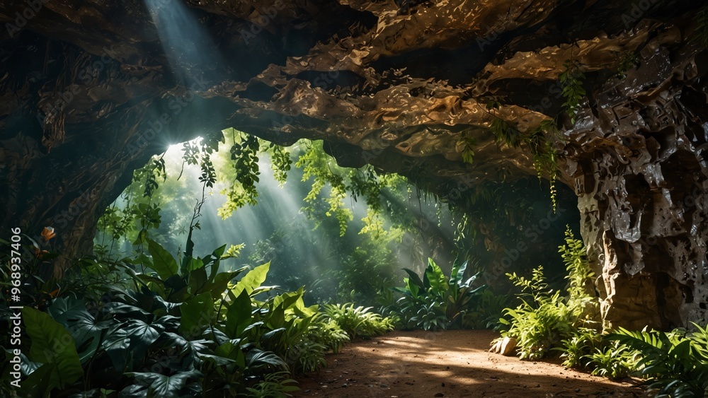 An ancient cave hidden in a dense forest, with sparkling crystals and ...