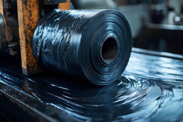 Poster - Black Roll of Material Unwinding on a Metal Surface