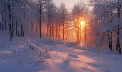 Wall Mural - Snow and fog in forest at sunrise