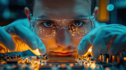 A man is looking at a computer chip with his hands on it