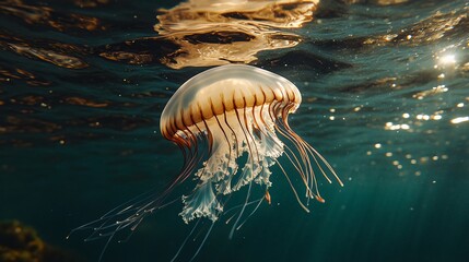 A jellyfish with long tentacles floats in the ocean, illuminated by the sun's rays.