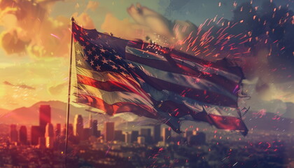 Wall Mural - American Flag Waving Over City Skyline