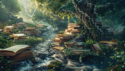 Enchanted Forest Stream with Books