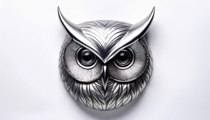 Wall Mural - Contemporary Silver Owl Face Emblem on a White Background