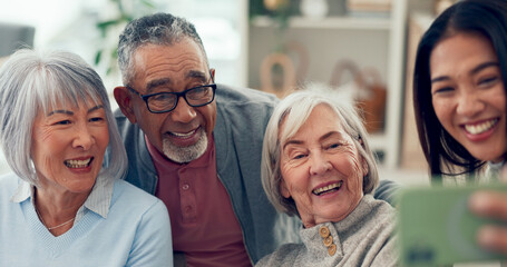 Canvas Print - Senior people, friends and happy on selfie with caregiver at nursing home for social media and profile picture. Community, pensioner and smile for retirement with bonding, memories and support or fun