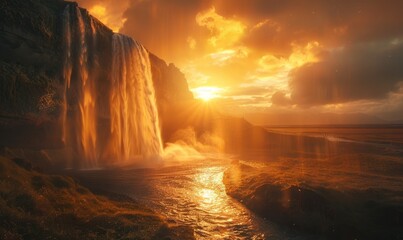 Wall Mural - View of Seljalandsfoss waterfall, South Region in Iceland.