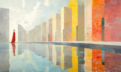 Wall Mural - A woman stands in front of a white door in front of a colorful wall. The scene is a reflection of the woman in the water. Scene is serene and contemplative