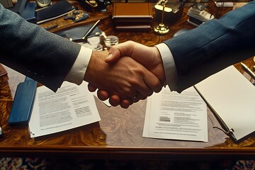 On a table littered with paper documents containing graphs and data, two businessmen in suits are shaking hands strongly and holding each other's hands in a sign of harmony, cooperation, and trust.