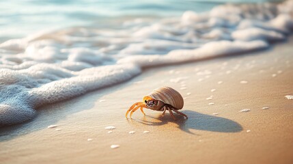 A small hermit crab walks on a sandy beach with foamy ocean water in the background.